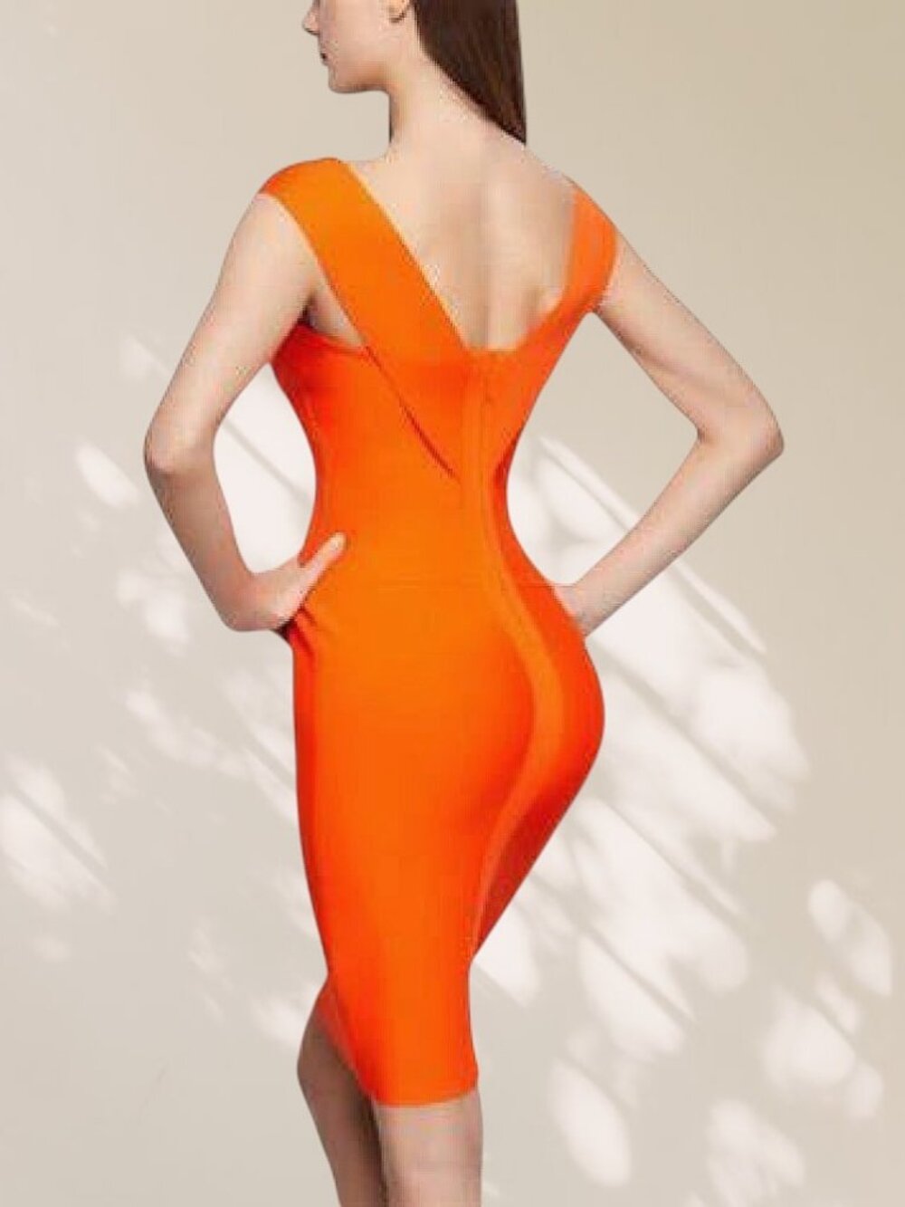 Premium Orange Bandage Bodycon Midi Dress Figure-Flattering Fit | Size M - Picture 3 of 9